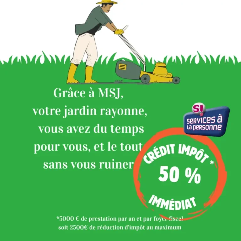 offre de crédit d'impôt Homme tondant une pelouse avec un texte sur les services de jardinage et une offre de crédit d'impôt.